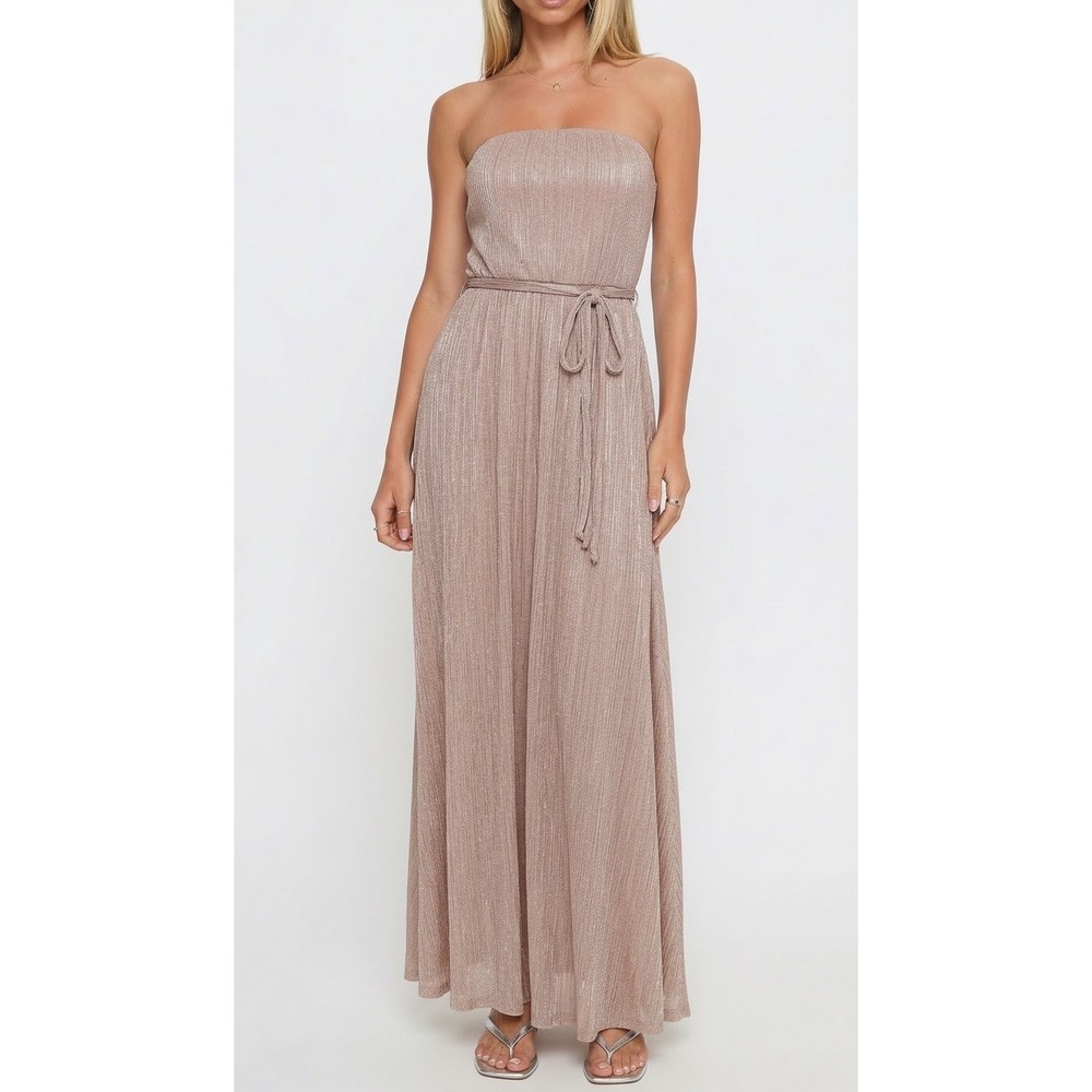 Petal & Pup Strapless Metallic Lurex Maxi Dress Rose Gold Pleated Shimmer Size L